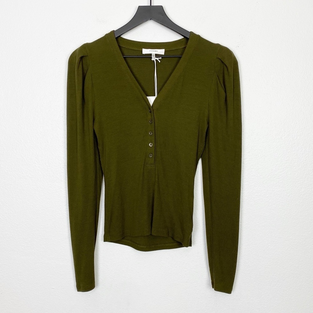 Frame Ribbed Ruched Sleeve Henley Top - Picture 4 of 7